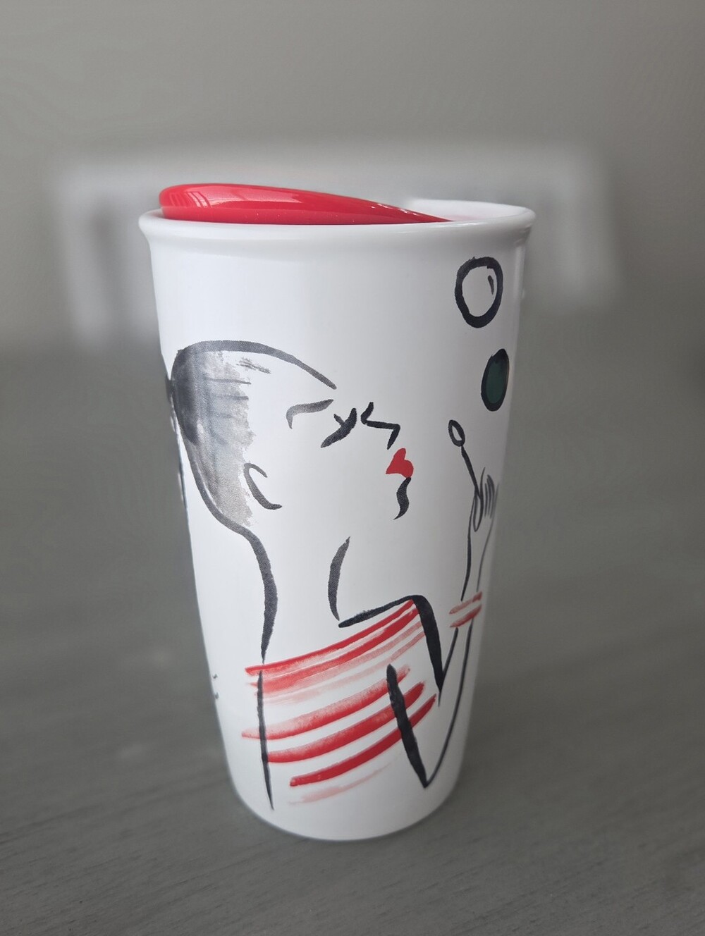 Starbucks 2015 Ceramic Travel Mug Tumbler 12 oz Abstract Face Design w/ Red Lid